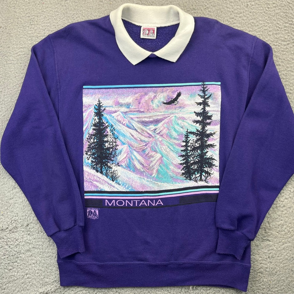 Montana Vintage 1991 Graphic Polo Sweatshirt Real American Wilderness Eagle